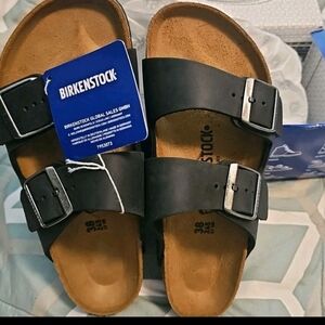 Birkenstock Arizona Womens Black Leather  Sandals Buckle Slides 38 EU 7 US NIB